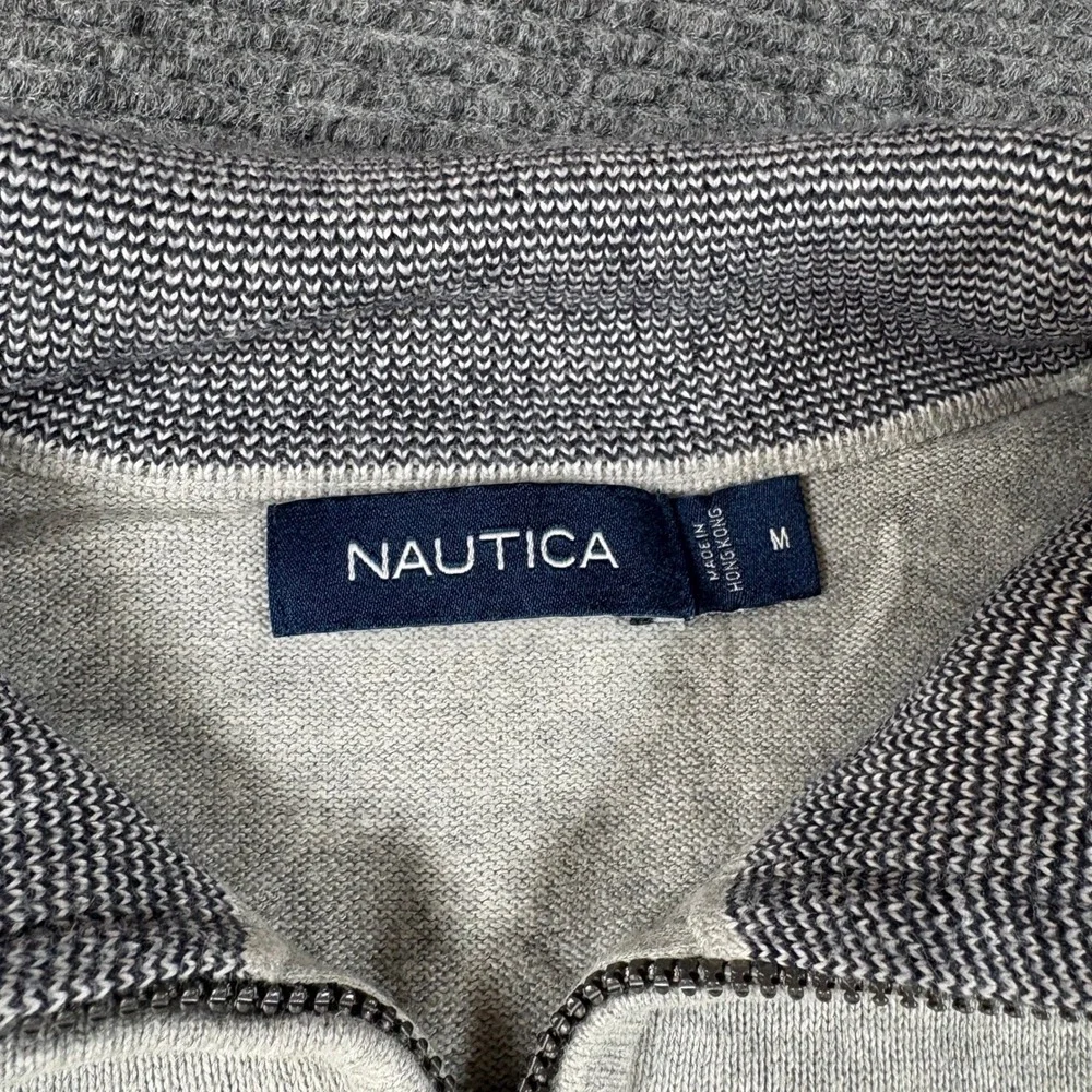 Nautica Mens Medium Heather Gray Quarter Zip Mock Neck Knit Sweater Logo 3930